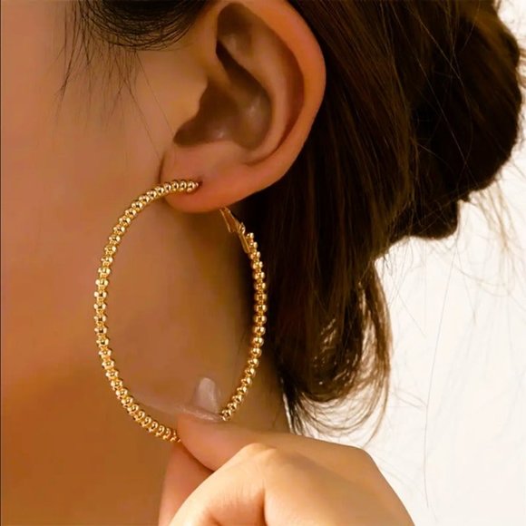 14K Gold Large Beaded Hoop Earrings Womens Round Big Hoops Jewelry